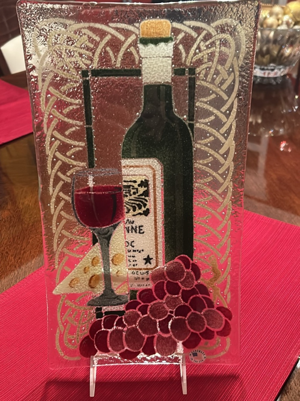 PEGGY KARR Vintage 2004 Signed Fused Art Glass Wine & Cheese Platter with stand
